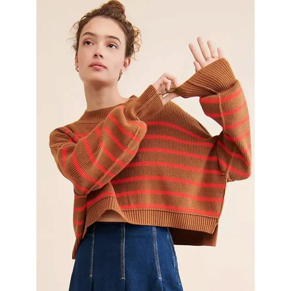 Free People Easy Street Stripe Crop Pullover Sweater Brown Orange Medium